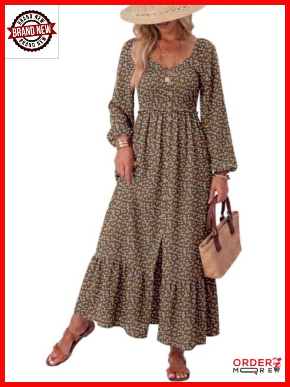 Dokotoo Womens Boho Floral Smocked Maxi Dress Long Sleeve Square Neck
